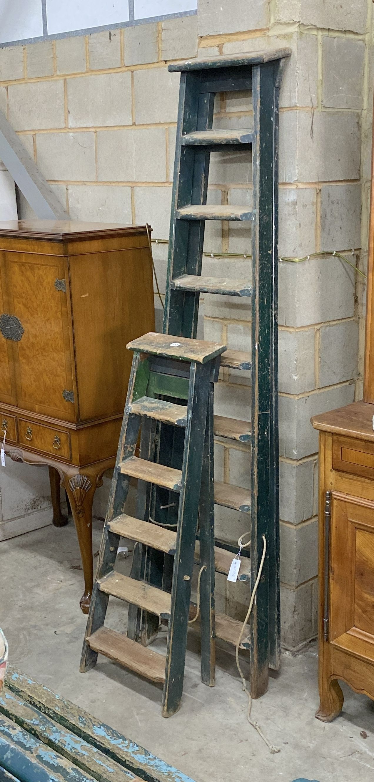 Two vintage painted pine step ladders, larger height 201cm